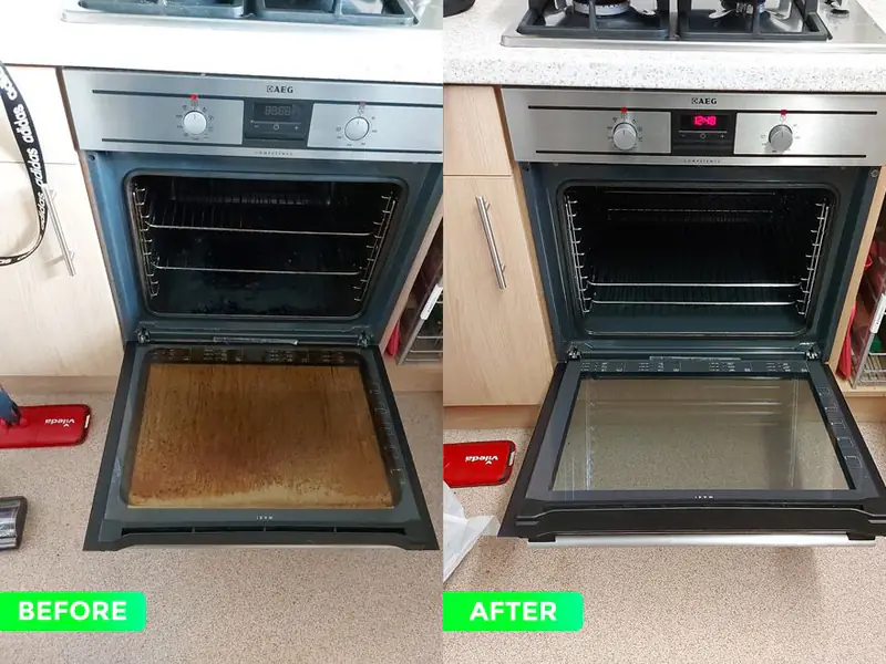 Oven with a greasy door and racks before cleaning, and clear glass and clean racks after, side by side
