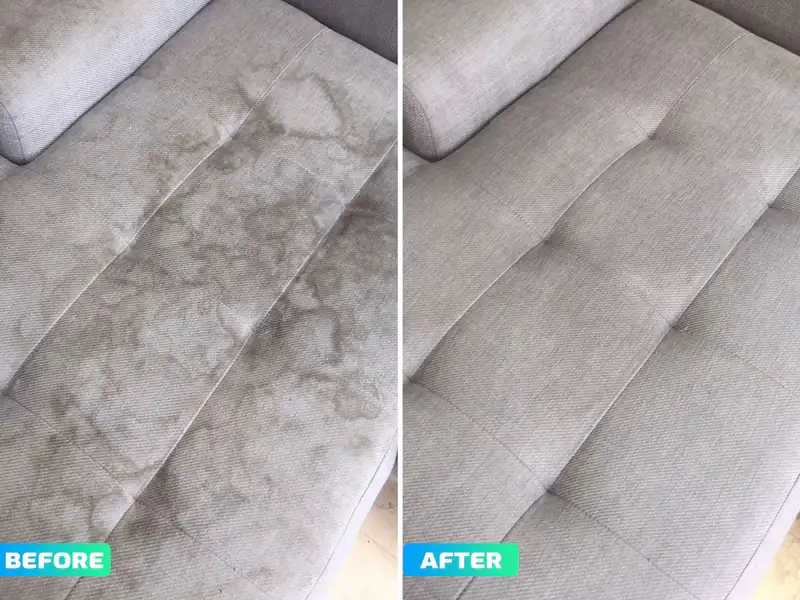 Grey fabric sofa covered in water stains before cleaning, and even and clean after, side by side